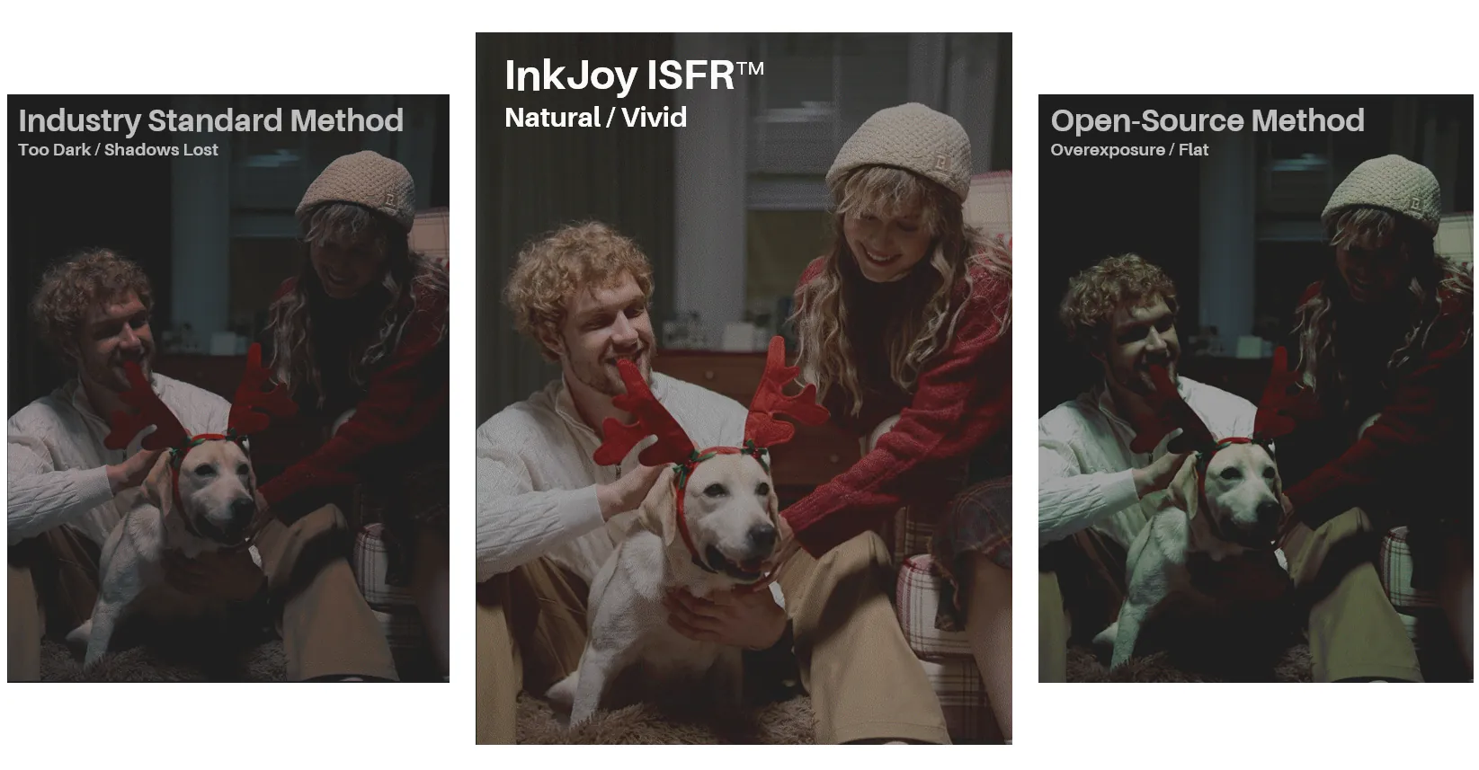 并排对比：行业标准偏暗，InkJoy ISFR 自然鲜明，开源方法过曝且发灰。